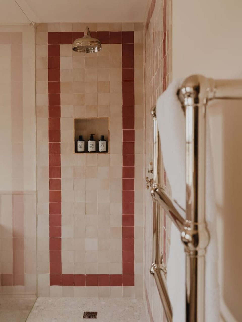 Walk-in shower with soft towels and complimentary Austin Austin organic shampoo, conditioner and body wash