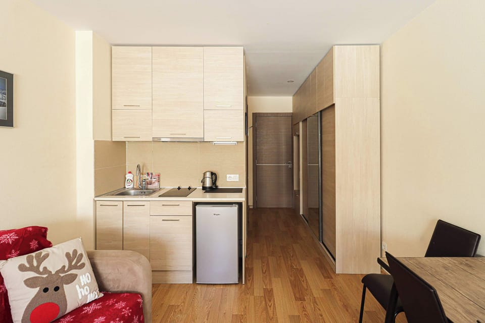 A cozy, stylishly furnished area with a comfortable sofa, flat-screen TV, a dining table for 4 and a handy closet for easy storage.