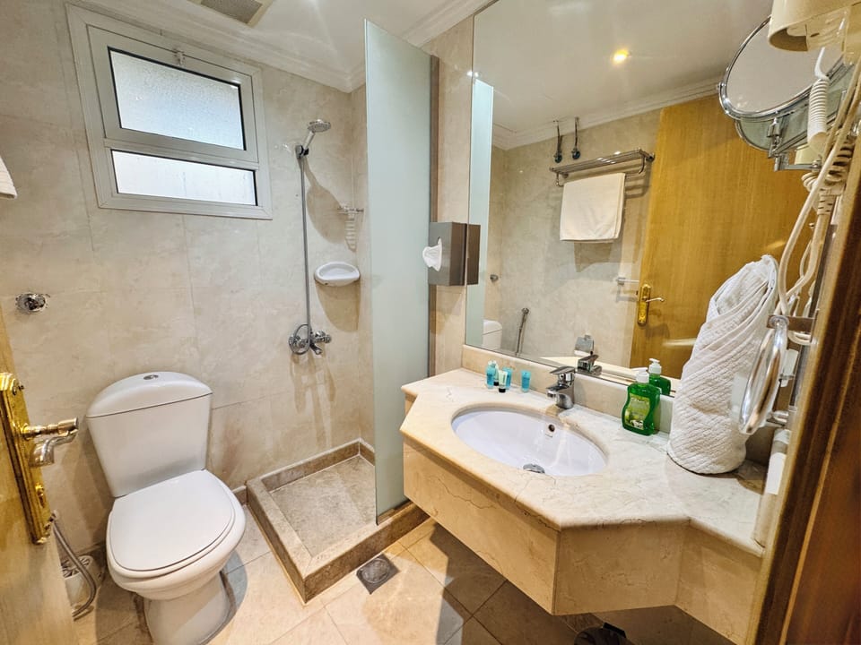 Combined shower/tub, hair dryer, towels, soap