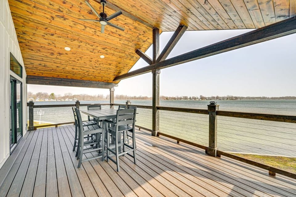 Covered Lakefront Deck | High-Top Dining Set | Panoramic Water Views | Perfect for Alfresco Meals