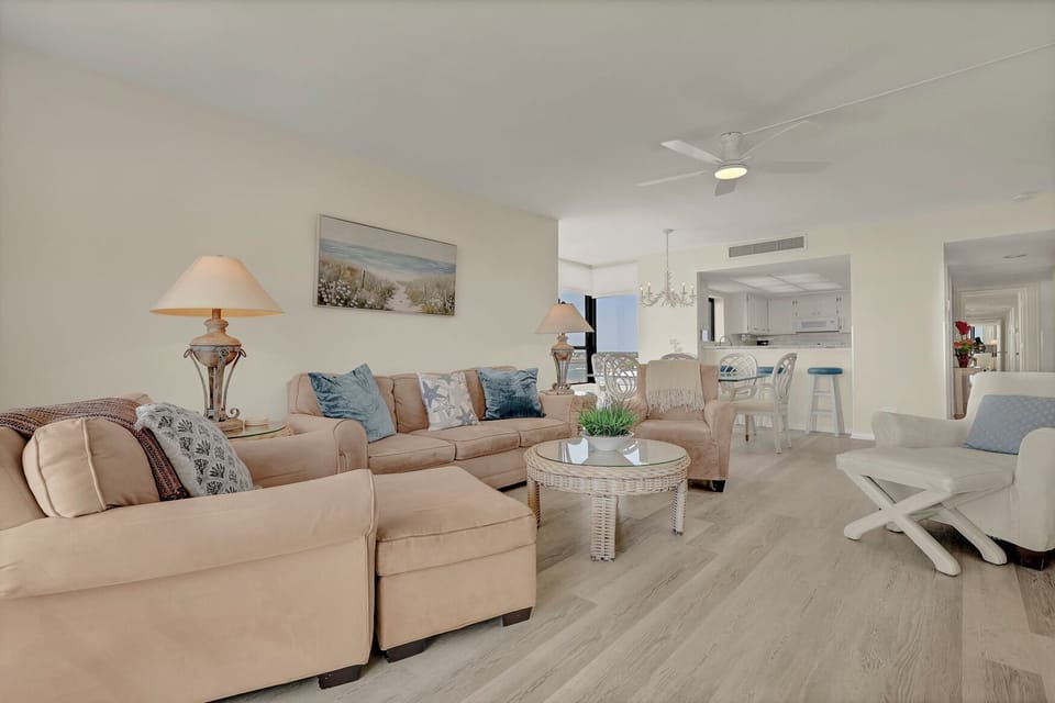 Living room with stunning ocean views and smart TV