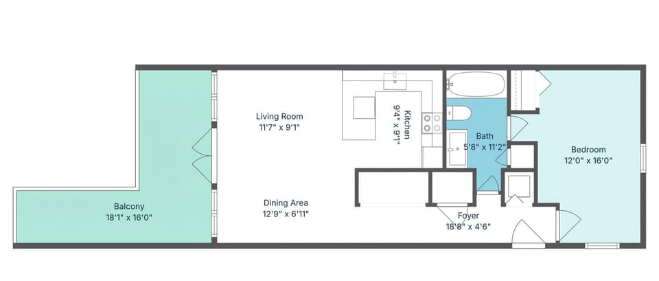 This floor plan shows your spacious retreat with an open living area, private bedroom, and generous balcony for outdoor relaxation.