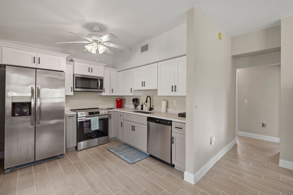 Recently renovated kitchen - all new cabinets and appliances.  Extremely well stocked for any long or short stay, every utensil any guest would require.  Drip and Keurig coffee machines.  Filtered water & ice refrigerator, dishwasher and much more!