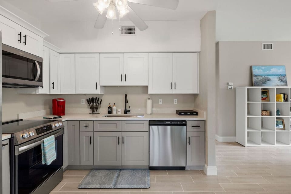 Recently renovated kitchen - all new cabinets and appliances.  Extremely well stocked for any long or short stay, every utensil any guest would require.  Drip and Keurig coffee machines.  Filtered water & ice refrigerator, dishwasher and much more!