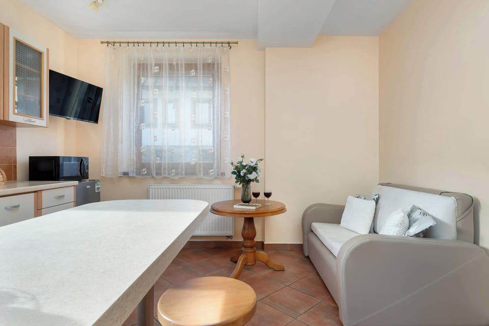 Bright living area with a sofa bed and a window letting in plenty of natural light.