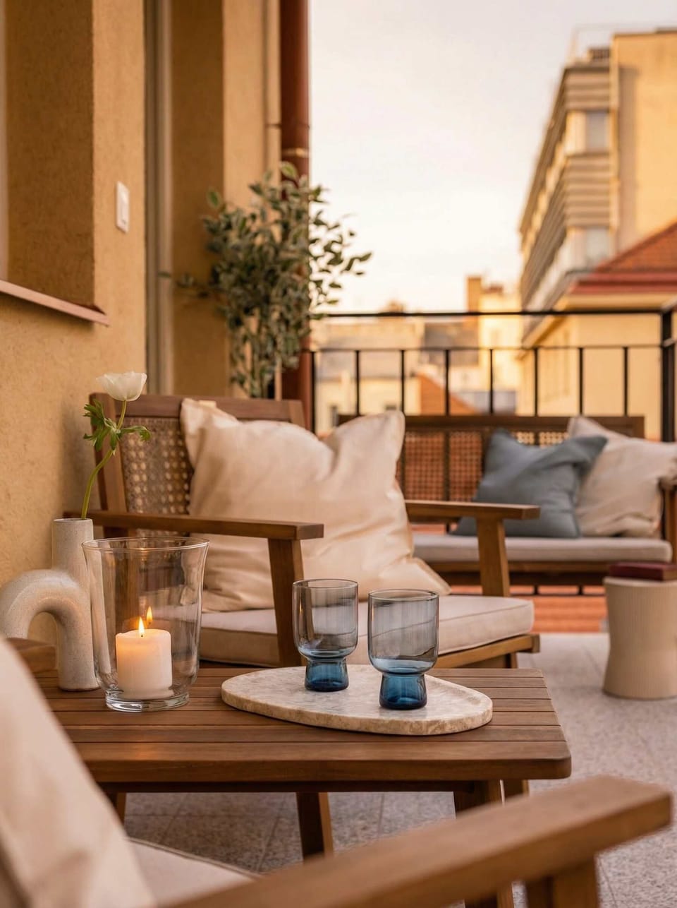 Guests can enjoy a terrace in gallery style, offering outdoor seating right by the apartment.