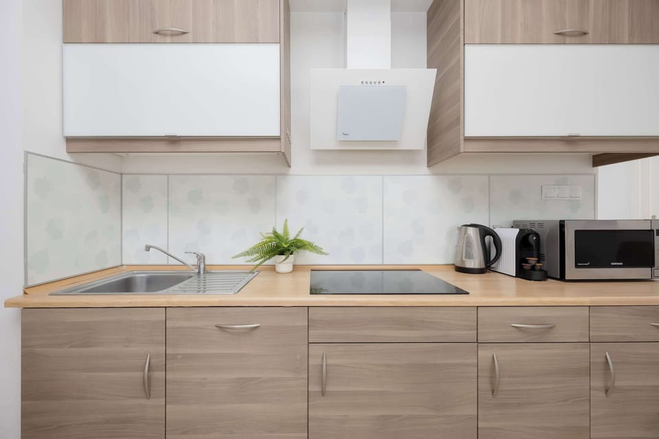 Modern kitchen with wooden cabinets and full equipment