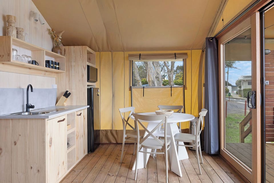 Safari Glamping Tent | Private kitchen | Coffee/tea maker, full-size fridge, microwave, electric kettle
