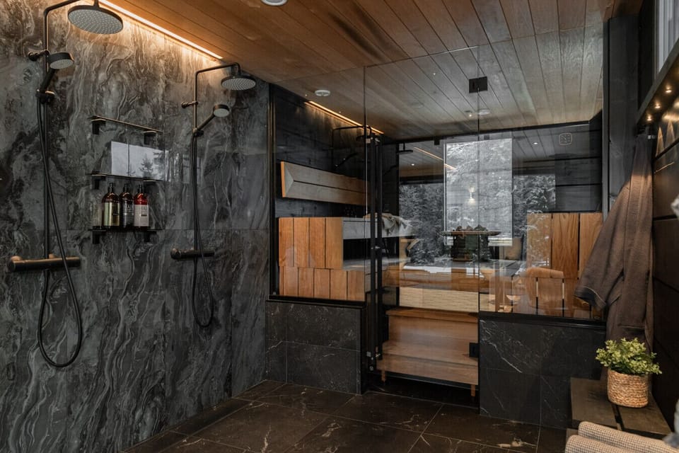 The private sauna offers an authentic Finnish experience. Its clean, modern design and generous space make it perfect for relaxation at any time of day.