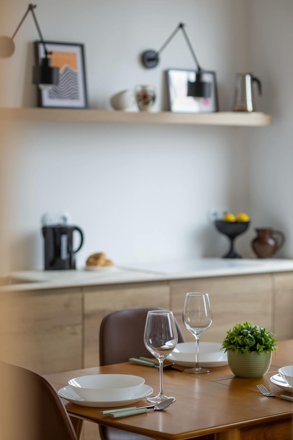 A close-up of the dining area and tableware.