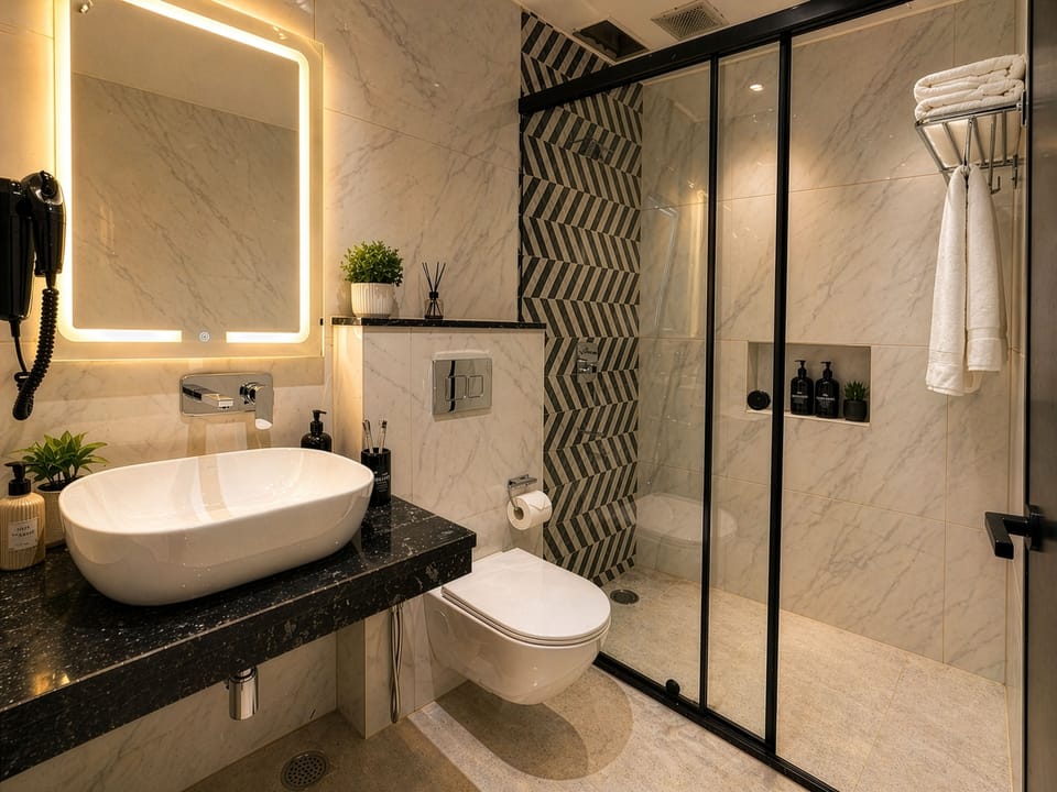 Shower, designer toiletries, hair dryer, bidet