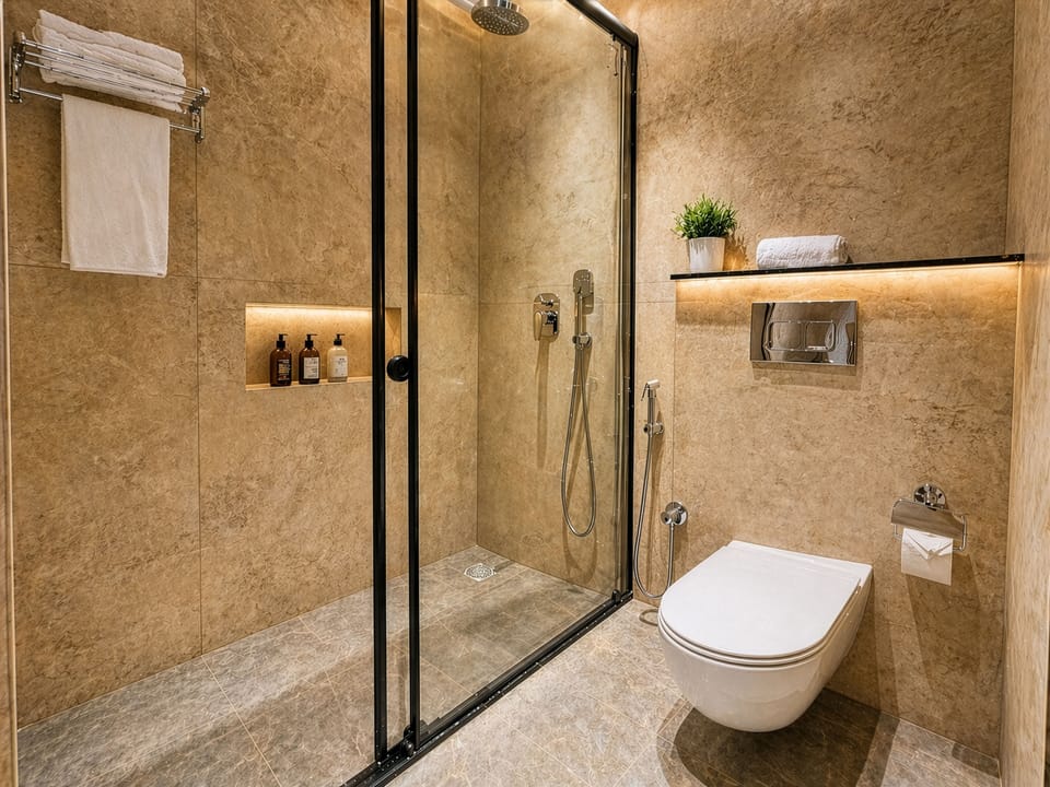 Shower, designer toiletries, hair dryer, bidet