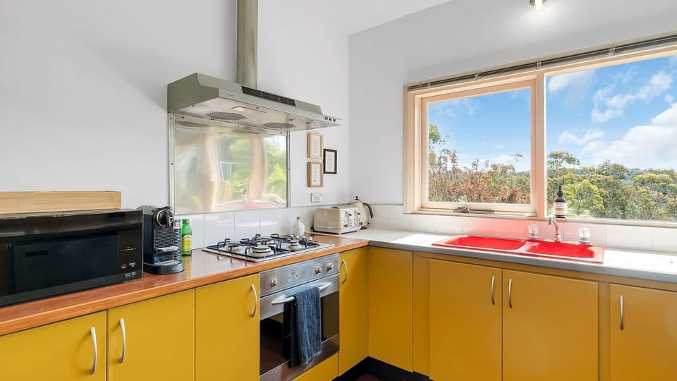 Bright kitchen with large windows and retro-style cabinetry.