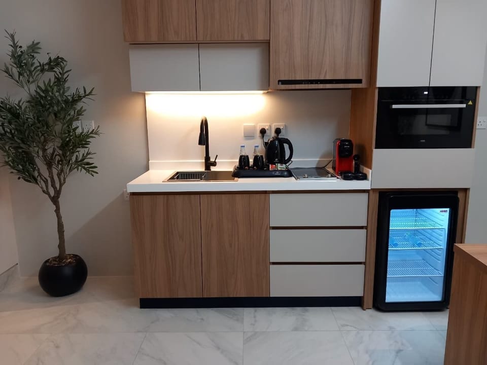 Mini-fridge, microwave, oven, stovetop