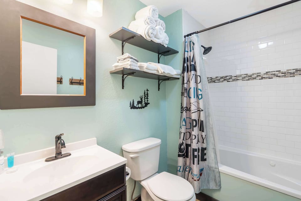 The main-floor full bath offers a single vanity & shower/tub combo​