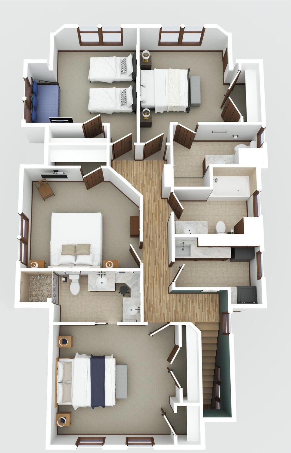 Upper level floor plan highlighting bedroom & bath placement.