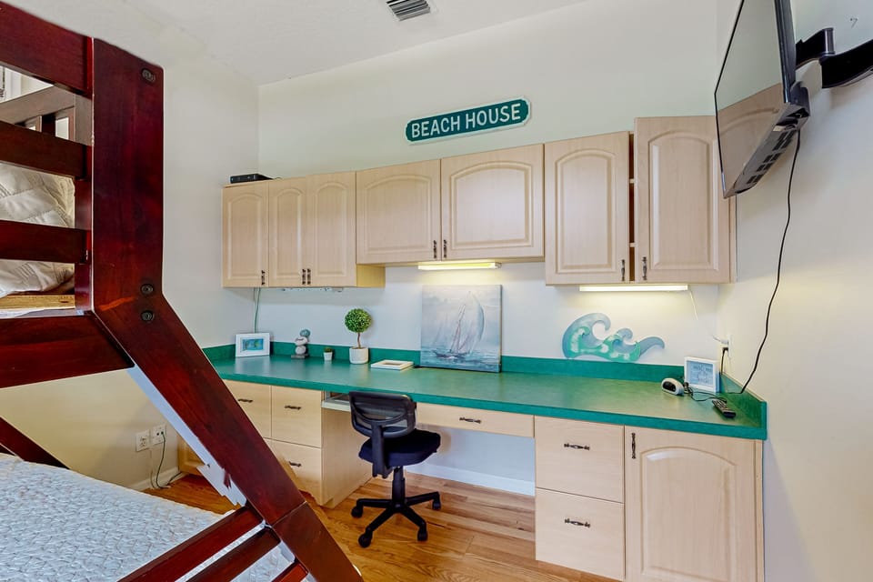 Remote work desk in guest bedroom