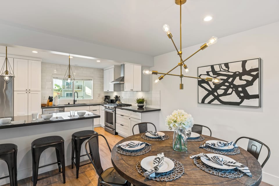 Dining area with stylish table setting.