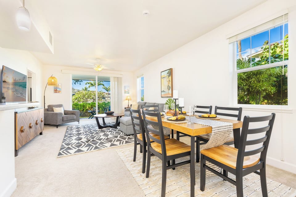 Open dining area with a view into the cozy living room