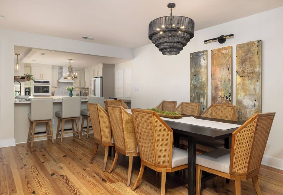 A large dining room table is suitable for 8 people
