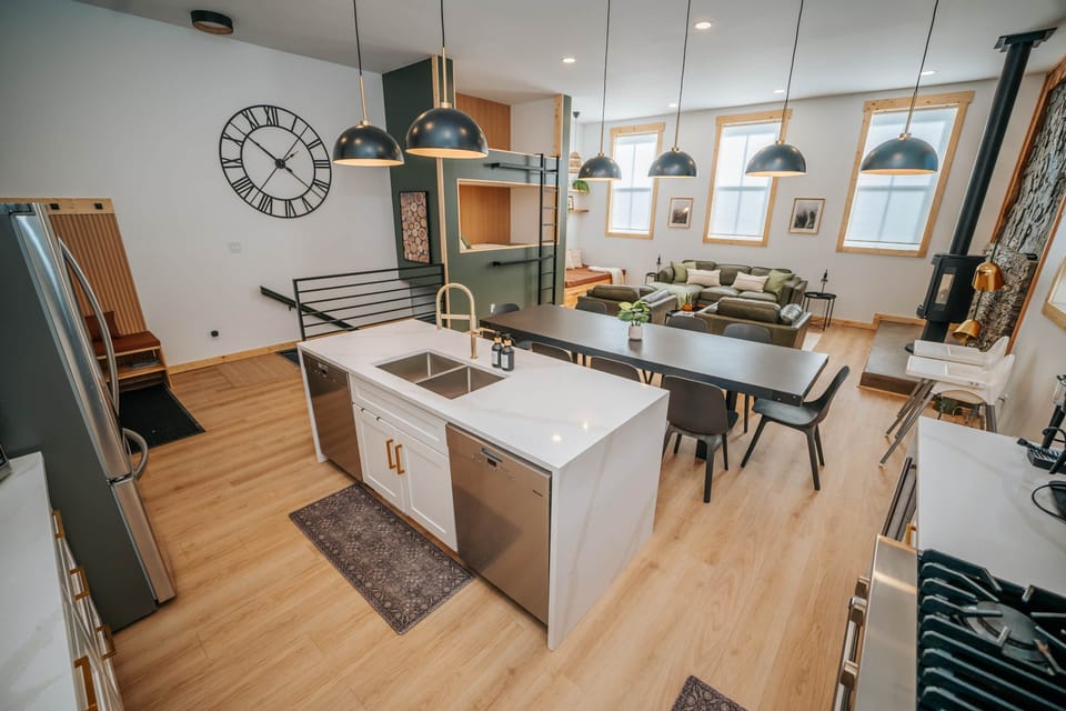 Open-concept kitchen with space to prepare and feed 12 guests 