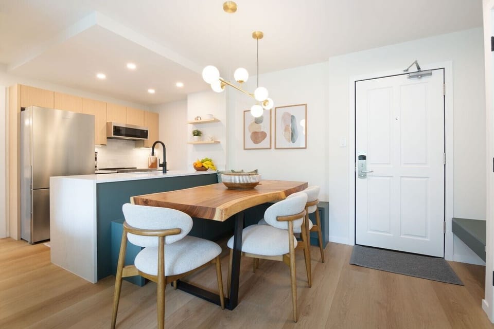 Dining area with bench seating and chairs