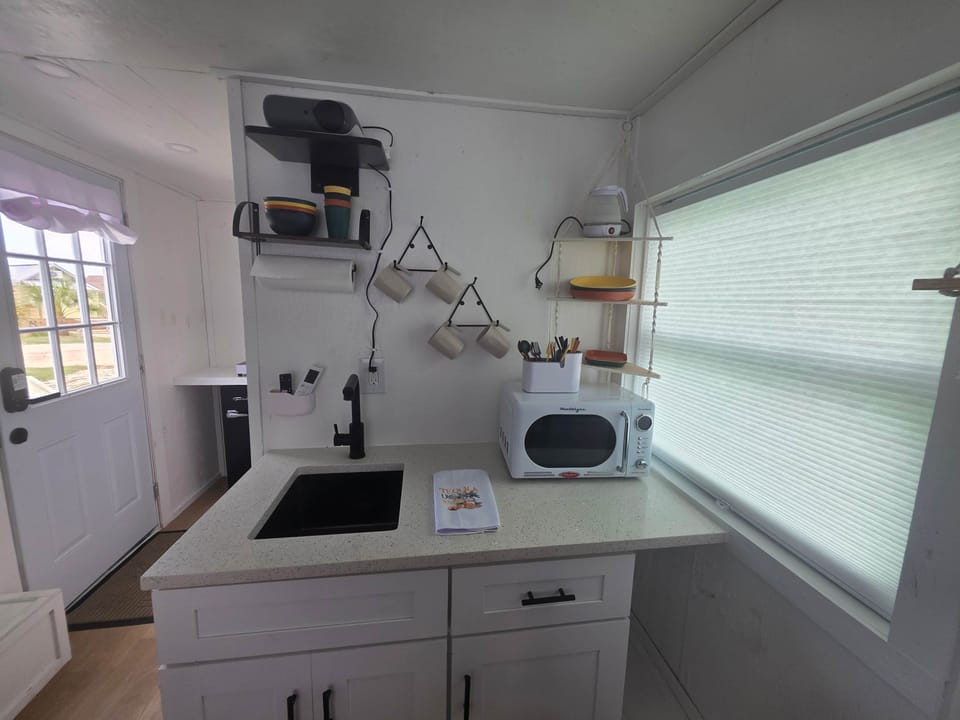 Kitchenette pictured with microwave, sink, single burner hot plate and basic cookware/dishes
