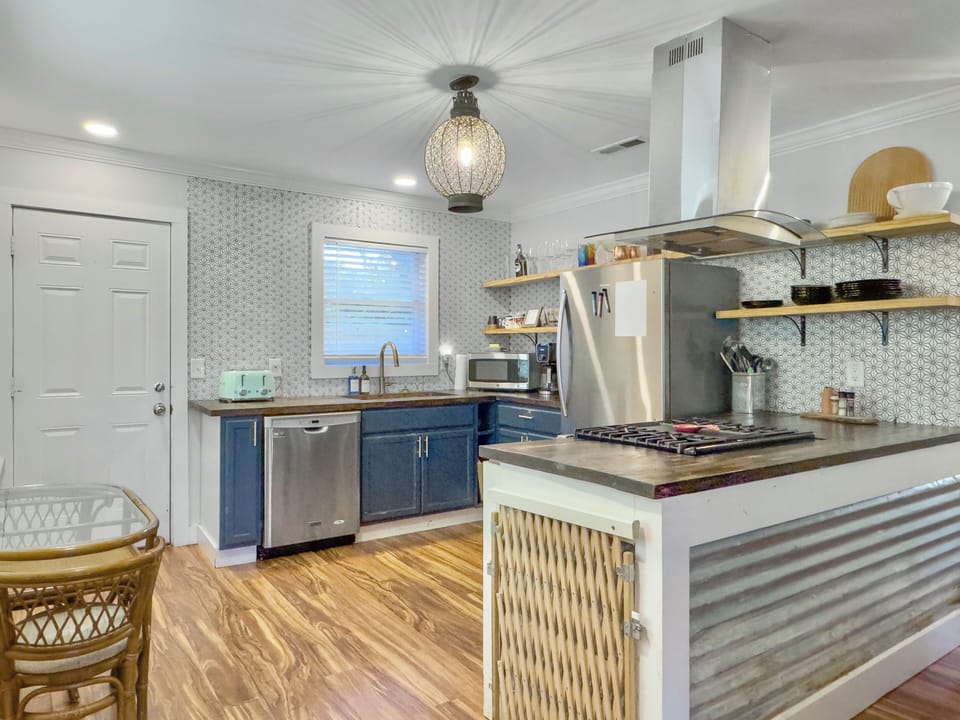 There is a small dining area in the kitchen that seats two comfortably. 