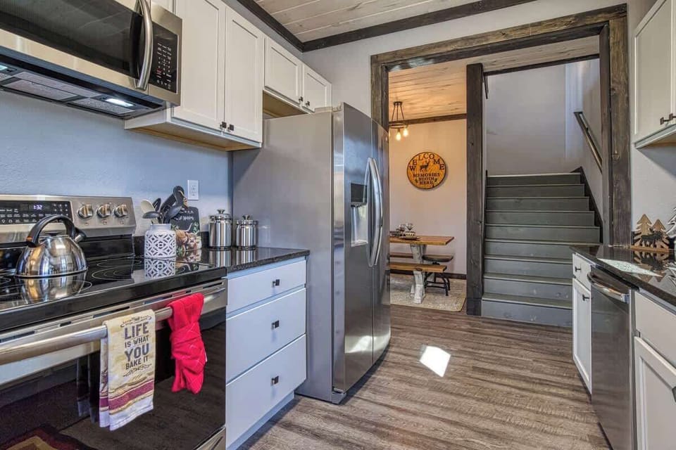 Stainless appliances and ample counter space for chefs.