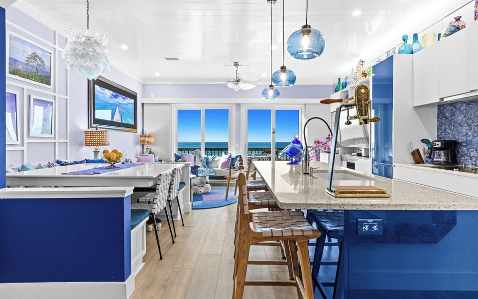 Interiors are inspired by the tranquil blue waters just outside