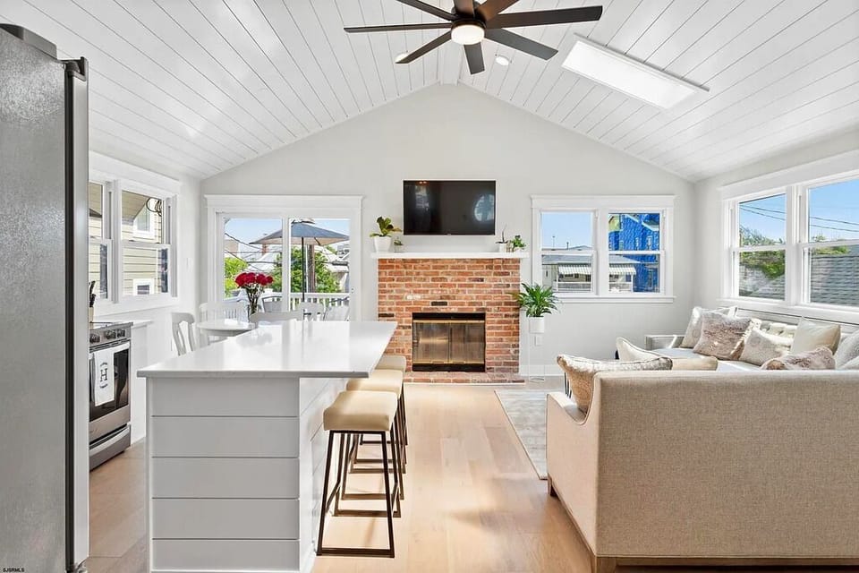 View of the living room and the kitchen area
