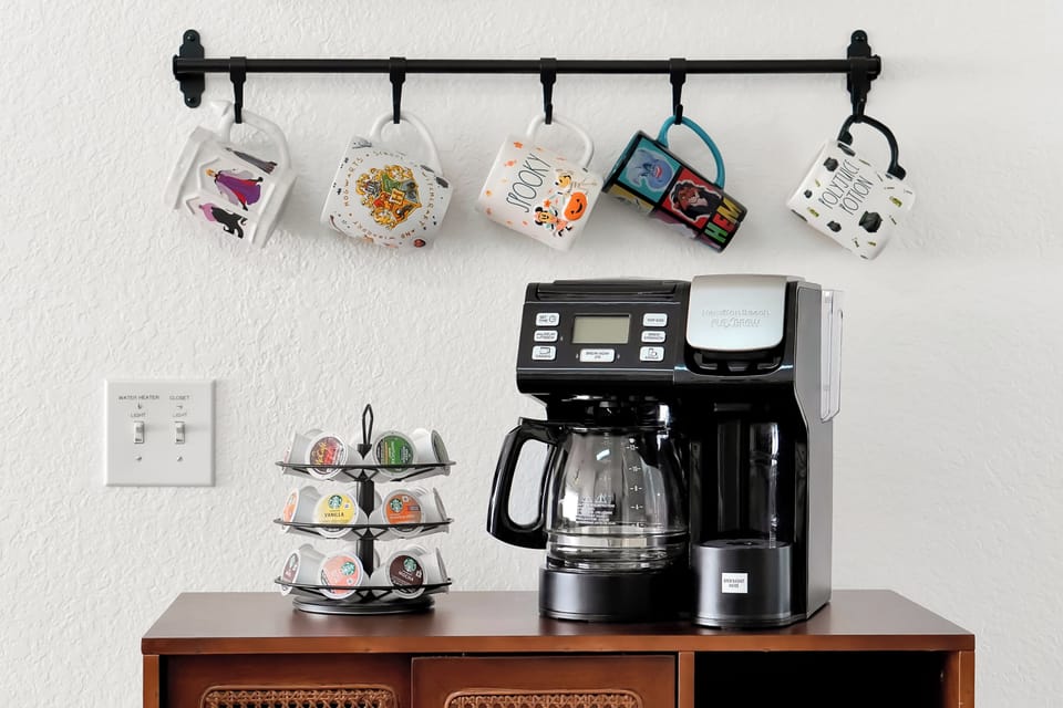 Start your day at this cozy coffee corner- choose a mug, brew a fresh pot, enjoy