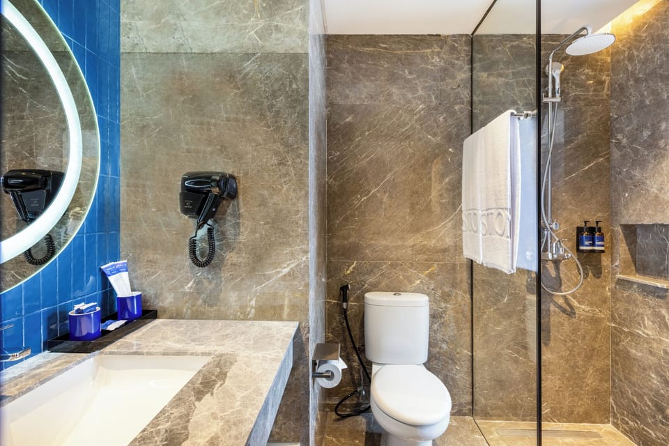 Shower, free toiletries, hair dryer, slippers