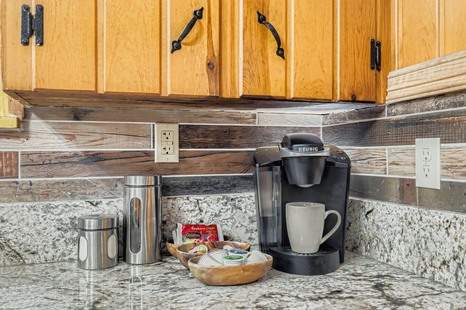 Coffee bar with Keurig coffee, tea, cream and sugar provided