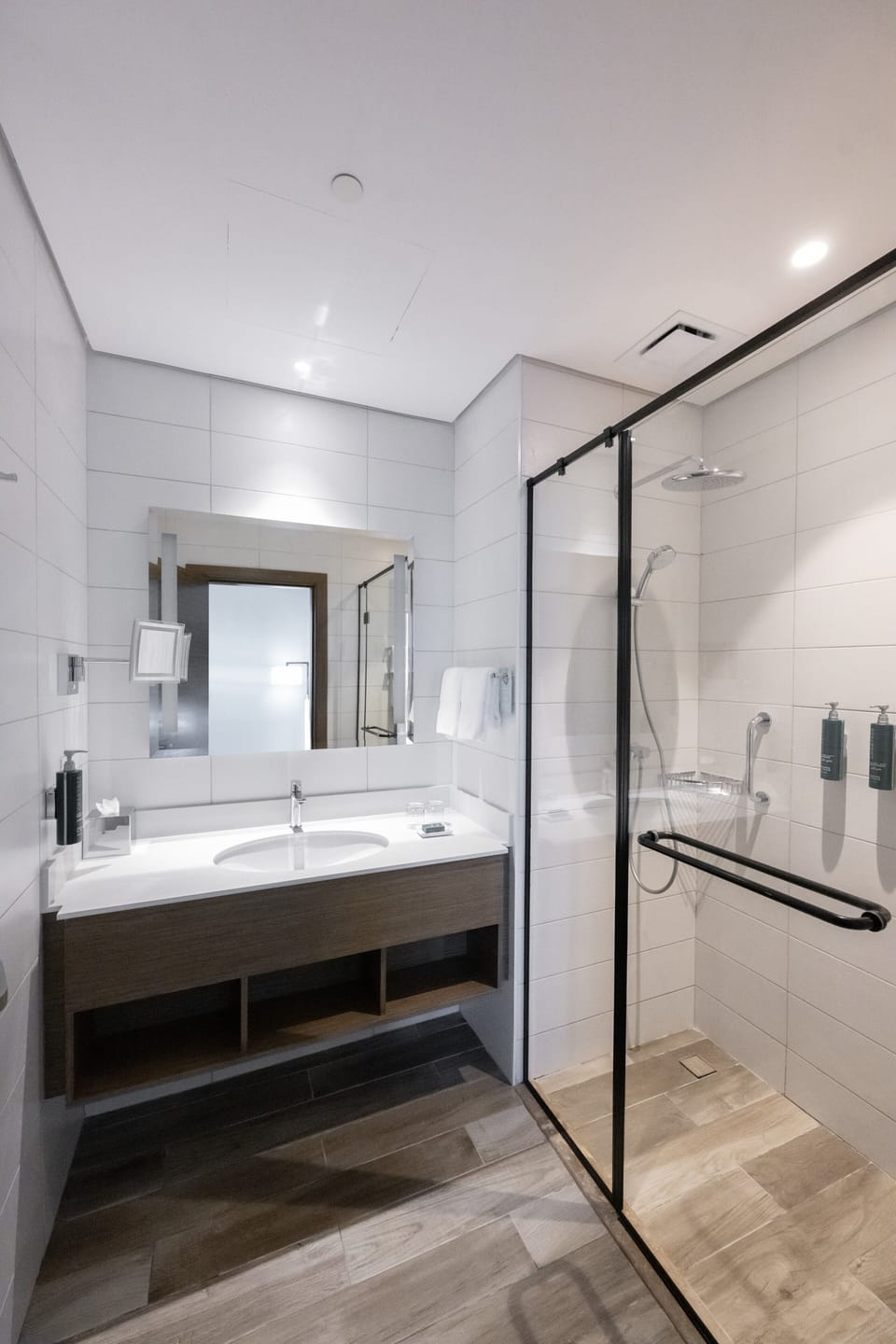 Shower, rainfall showerhead, hair dryer, slippers