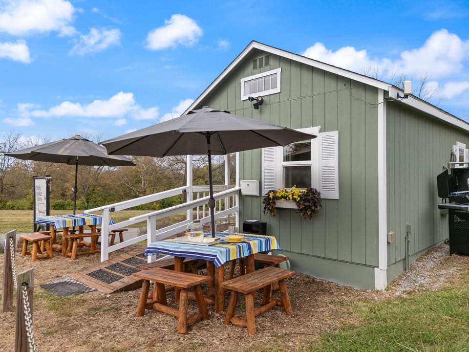 Picnic tables come with tablecloths and umbrellas 