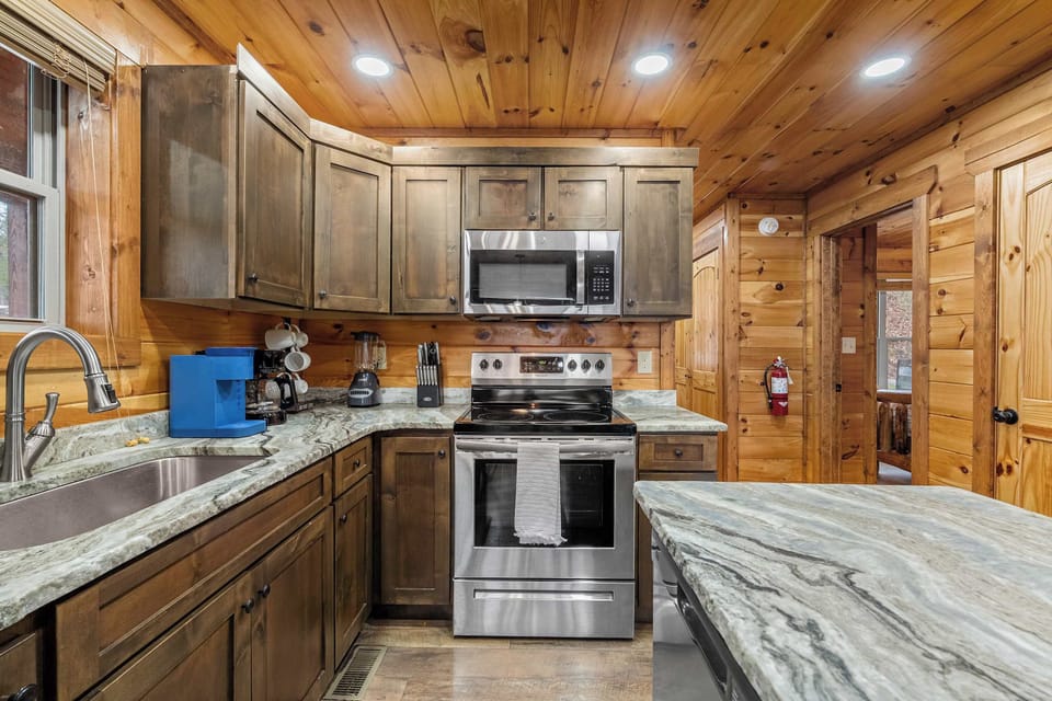 Fully stocked kitchen with everything you need for cooking at home.