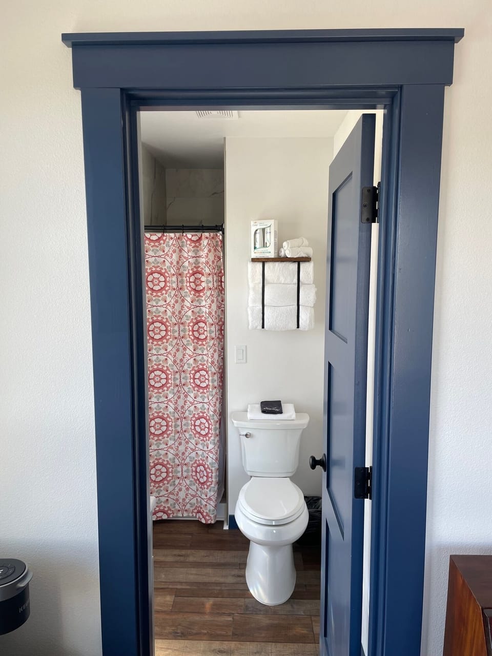 Personal bathroom with sink, toilet and shower.
