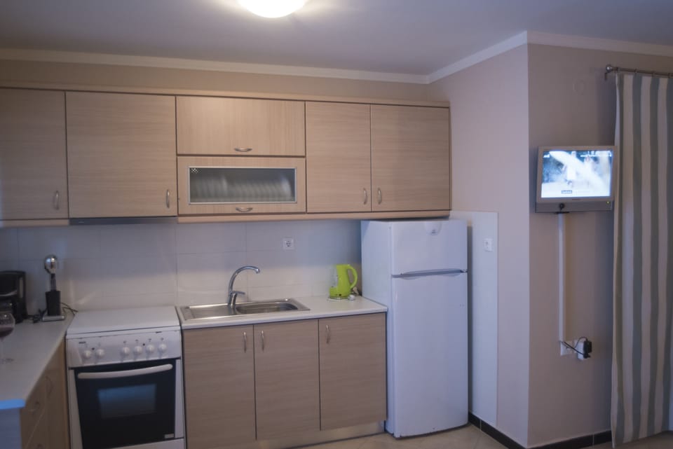 Full-size fridge, oven, stovetop, dishwasher