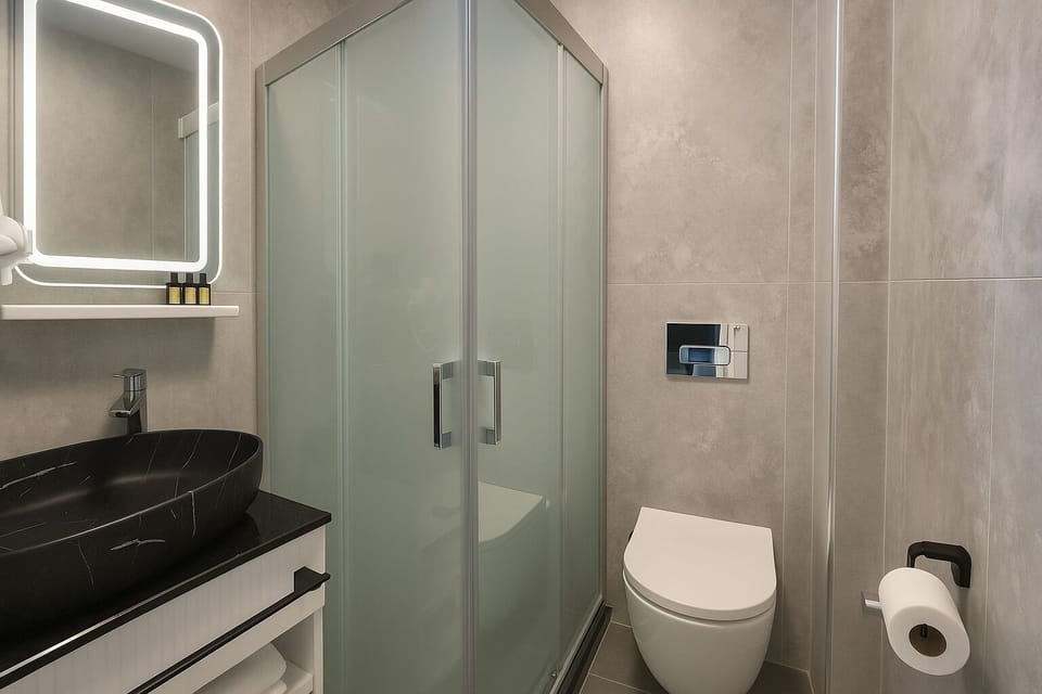 Shower, free toiletries, hair dryer, slippers
