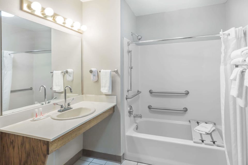 Combined shower/tub, free toiletries, hair dryer, towels