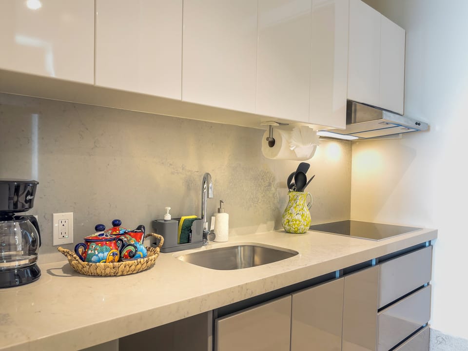 Bright, Functional Kitchenette - The kitchenette offers modern appliances, a smooth countertop, and all the essentials for preparing simple meals. With warm lighting and thoughtful touches, this space adds comfort and convenience to your stay at La Aurora.