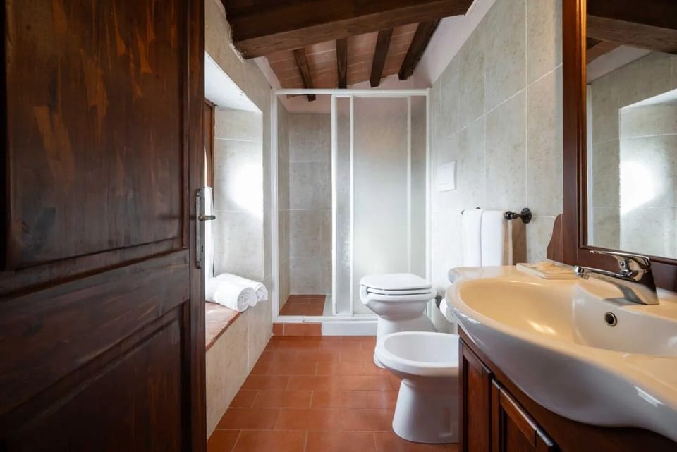 Shower, bidet, towels, toilet paper