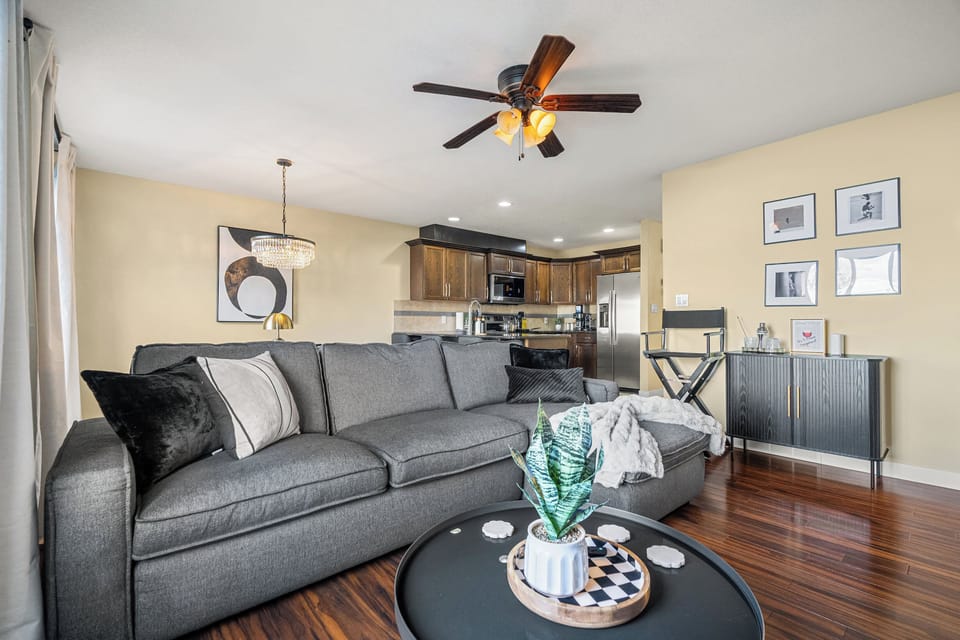Open-concept living room flowing into the kitchen