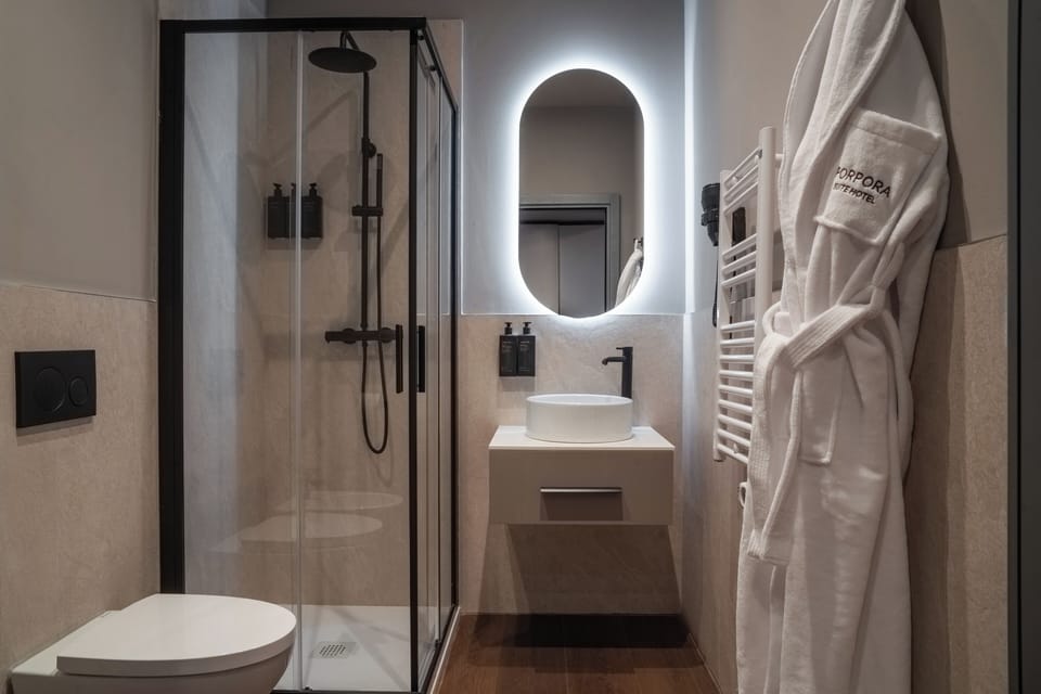 Shower, free toiletries, hair dryer, slippers