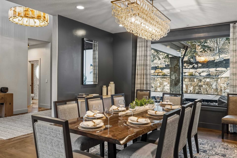 Dining area: Dining table with 10 chairs, 