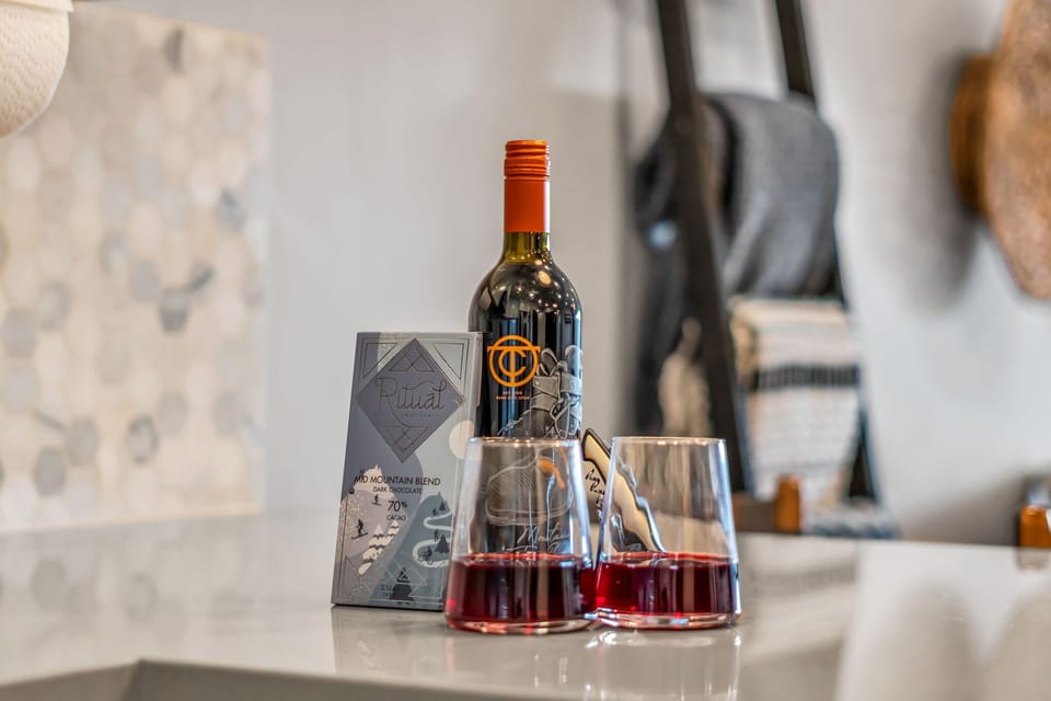 Kitchen island staged with a red wine