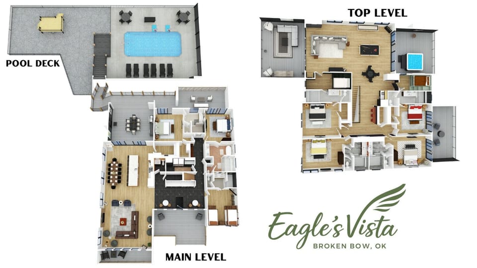 Here`s the full layout of Eagle`s Vista — pool deck, main level, and top floor all designed to keep 30 guests happy.