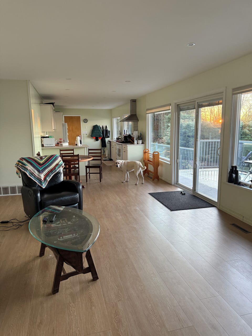 Looking into the kitchen. More windows. They all have blinds. It is very private
