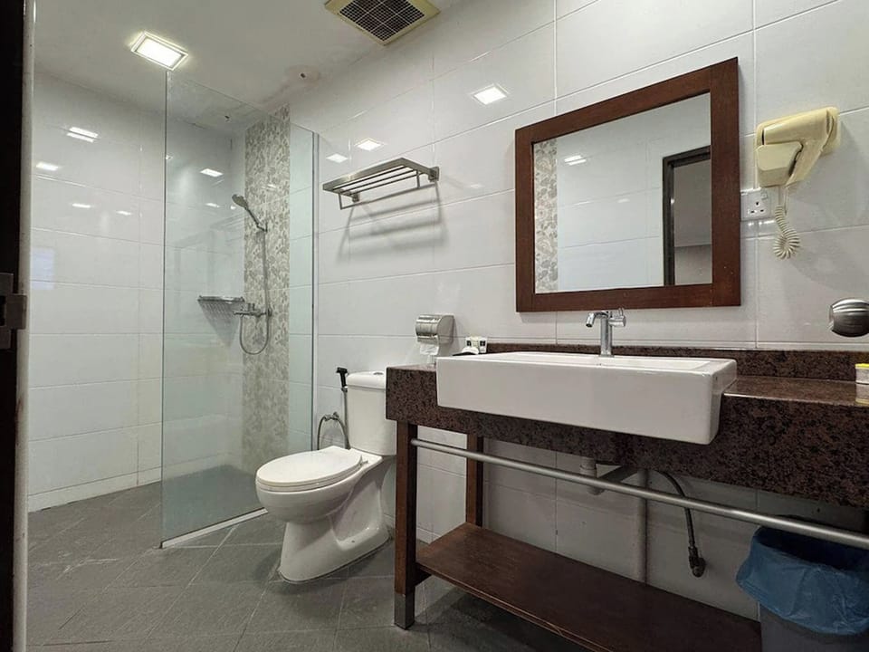 Shower, free toiletries, hair dryer, towels